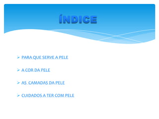  PARA QUE SERVE A PELE
 A COR DA PELE
 AS CAMADAS DA PELE
 CUIDADOS A TER COM PELE

 