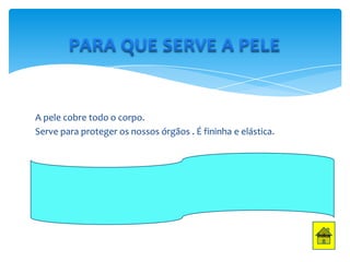 A pele cobre todo o corpo.
Serve para proteger os nossos órgãos . É fininha e elástica.

 