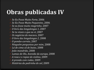 Obras publicadas IV
0 Se Eu Fosse Muito Forte, 2006
0 Se Eu Fosse Muito Pequenino, 2006
0 Se eu fosse muito magrinho, 2007
0 O livro das lengalengas 1, 2007
0 Se tu visses o que eu vi, 2007
0 Os negócios do macaco, 2007
0 O livro das lengalengas 2, 2008
0 O pombo-correio, 2007
0 Ninguém perguntou por mim, 2008
0 Lá de cima cá de baixo, 2008
0 João mandrião, 2008
0 Lamas de Olo, Avenida da europa, 2008
0 A rosa e o rapaz do violino, 2009
0 A prenda com rodas, 2009
0 Histórias da pedrinha do sol, 2009
 