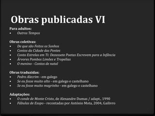Obras publicadas VI
Para adultos:
• Outros Tempos
Obras coletivas:
• De que são Feitos os Sonhos
• Contos da Cidade das Pontes
• Conto Estrelas em Ti: Dezassete Poetas Escrevem para a Infância
• Árvores Pombos Limões e Tropelias
• O menino - Contos de natal
Obras traduzidas:
• Pedro Alecrim - em galego
• Se eu fosse muito alto - em galego e castelhano
• Se eu fosse muito magrinho - em galego e castelhano
Adaptações:
• O conde de Monte Cristo, de Alexandre Dumas / adapt., 1990
• Fábulas de Esopo - recontadas por António Mota, 2004, Gailivro
 