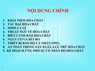2
NỘI DUNG CHÍNH
1. KHÁI NIỆM HÓA CHẤT
2. TÁC HẠI HÓA CHẤT
3. MSDS LÀ GÌ
4. THUẬT NGỮ VỀ HÓA CHẤT
5. BIỂN CẢNH BÁO HÓA CHẤT
6. NGUY CƠ VÀ RỦI RO
7. THIẾT BỊ BẢO HỘ CÁ NHÂN (PPE)
8. AN TOÀN TRONG SẢN XUẤT, LƯU TRỮ HÓA CHẤT
9. KẾ HOẠCH ỨNG PHÓ SỰ CỐ TRÀN ĐỔ HÓA CHẤT
 