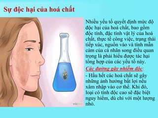 Nhiều yếu tố quyết định mức độ
độc hại của hoá chất, bao gồm
độc tính, đặc tính vật lý của hoá
chất, thực tế công việc, trạng thái
tiếp xúc, nguồn vào và tính mẫn
cảm của cá nhân song điều quan
trọng là phải hiểu được tác hại
tổng hợp của các yếu tố này.
 Các đường gây nhiễm độc:
- Hầu hết các hoá chất sẽ gây
những ảnh hưởng bất lợi nếu
xâm nhập vào cơ thể. Khi đó,
loại có tính độc cao sẽ đặc biệt
nguy hiểm, dù chỉ với một lượng
nhỏ.
Sự độc hại của hoá chất
 