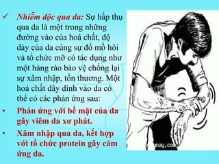  Nhiễm độc qua da: Sự hấp thụ
qua da là một trong những
đường vào của hoá chất, độ
dày của da cùng sự đổ mồ hôi
và tổ chức mỡ có tác dụng như
một hàng rào bảo vệ chống lại
sự xâm nhập, tổn thương. Một
hoá chất dây dính vào da có
thể có các phản ứng sau:
• Phản ứng với bề mặt của da
gây viêm da xơ phát.
• Xâm nhập qua da, kết hợp
với tổ chức protein gây cảm
ứng da.
 
