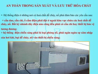 - Hệ thống điện ở những nơi có hoá chất dễ cháy, nổ phải đảm bảo các yêu cầu sau:
+ cầu dao, cầu chì, ổ cắm điện phải đặt ở ngoài khu vực chứa các hoá chất dễ
cháy, nổ. Bất kỳ nhánh dây điện nào cũng đều phải có cầu chì hay thiết bị bảo vệ
tương đương;
+ hệ thống điện chiếu sáng phải là loại phòng nổ, phải ngăn ngừa sự xâm nhập
của hơi khí, bụi dễ cháy, nổ vào thiết bị chiếu sáng;
AN TOÀN TRONG SẢN XUẤT VÀ LƯU TRỮ HÓA CHẤT
 