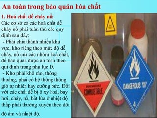 An toàn trong bảo quản hóa chất
1. Hoá chất dễ cháy nổ:
Các cơ sở có các hoá chất dễ
cháy nổ phải tuân thủ các quy
định sau đây:
- Phải chia thành nhiều khu
vực, kho riêng theo mức độ dễ
cháy, nổ của các nhóm hoá chất,
để bảo quản được an toàn theo
qui định trong phụ lục D.
- Kho phải khô ráo, thông
thoáng, phải có hệ thống thông
gió tự nhiên hay cưỡng bức. Đối
với các chất dễ bị ô xy hoá, bay
hơi, cháy, nổ, bắt lửa ở nhiệt độ
thấp phải thường xuyên theo dõi
độ ẩm và nhiệt độ.
 
