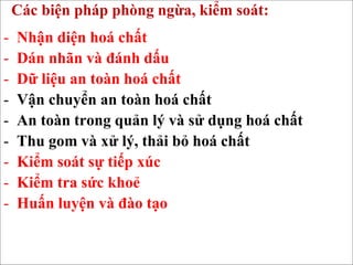 55
Các biện pháp phòng ngừa, kiểm soát:
- Nhận diện hoá chất
- Dán nhãn và đánh dấu
- Dữ liệu an toàn hoá chất
- Vận chuyển an toàn hoá chất
- An toàn trong quản lý và sử dụng hoá chất
- Thu gom và xử lý, thải bỏ hoá chất
- Kiểm soát sự tiếp xúc
- Kiểm tra sức khoẻ
- Huấn luyện và đào tạo
 