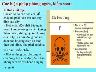 1. Hoá chất độc:
Các cơ sở có các hoá chất dễ
cháy nổ phải tuân thủ các quy
định sau đây:
- Hoá chất độc phải bảo quản
trong kho có tường và nền không
thấm nước, không bị ảnh hưởng
của lũ lụt, xa nơi đông dân cư,
đảm bảo khoảng cách an toàn
theo qui định, kho phải có khoá
bảo đảm, chắc chắn.
- Khi sử dụng các phương tiện
cân đong hoá chất độc, đảm bảo
không làm rơi vãi hoặc tung bụi
ra ngoài.
Các biện pháp phòng ngừa, kiểm soát:
 