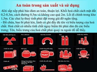 -Khi sắp xếp phải bảo đảm an toàn, thuận lợi. Khối hoá chất cách mặt đất
0,2-0,3m, cách đường 0,5m và không cao quá 2m. Lối đi chính trong kho
1,5m. Các chai lọ thuỷ tinh phải đặt trong giá đỡ ngăn tầng.
- Đồ chứa, bao bì phải kín, lành có ghi đầy đủ tên và biểu tượng của hoá
chất. Hoá chất có nhiều tính chất nguy hiểm thì phải dán đủ các biểu
trưng; Tên, biểu trưng của hoá chất phải quay ra ngoài để dễ thấy.
An toàn trong sản xuất và sử dụng
 