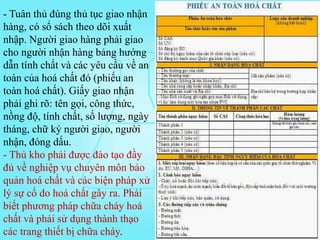 - Tuân thủ đúng thủ tục giao nhận
hàng, có sổ sách theo dõi xuất
nhập. Người giao hàng phải giao
cho người nhận hàng bảng hướng
dẫn tính chất và các yêu cầu về an
toàn của hoá chất đó (phiếu an
toàn hoá chất). Giấy giao nhận
phải ghi rõ: tên gọi, công thức,
nồng độ, tính chất, số lượng, ngày
tháng, chữ ký người giao, người
nhận, đóng dấu.
- Thủ kho phải được đào tạo đầy
đủ về nghiệp vụ chuyên môn bảo
quản hoá chất và các biện pháp xử
lý sự cố do hoá chất gây ra. Phải
biết phương pháp chữa cháy hoá
chất và phải sử dụng thành thạo
các trang thiết bị chữa cháy.
 