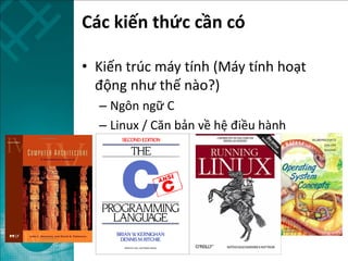 Các kiến thức cần có
• Kiến trúc máy tính (Máy tính hoạt
động như thế nào?)
– Ngôn ngữ C
– Linux / Căn bản về hệ điều hành
 