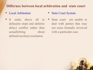 Differnce between local arbitration and state court
 Local Arbitration
 It seeks above all to
defuse(to stop) and defer(to
delay) conflict rather than
actuallybring about
definative(clear) resolution
 State Court System
 State court are unable to
deal with parties that may
not seem formally involved
with a particular case
 