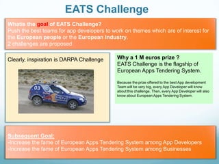 EATS Challenge
Whatis the goal of EATS Challenge?
Push the best teams for app developers to work on themes which are of interest for
the European people or the European Industry.
2 challenges are proposed
Clearly, inspiration is DARPA Challenge

Why a 1 M euros prize ?
EATS Challenge is the flagship of
European Apps Tendering System.
Because the prize offered to the best App development
Team will be very big, every App Developer will know
about this challenge. Then, every App Developer will also
know about European Apps Tendering System.

Subsequent Goal:
-Increase the fame of European Apps Tendering System among App Developers
-Increase the fame of European Apps Tendering System among Businesses

 