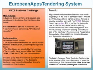 EuropeanAppsTendering System
EATS Business Challenge
Main features:
A Business defines a theme and requests app
developers to develop an App that follows this
theme.
Possible themes can be: “Connected Cars”,
“High Performance Computing”, “3rd industrial
revolution”.

Example :
Major American Automakers like Ford have made
major steps in the field of “connected cars”. Around
2,500 developers have signed up since January to
develop apps that work with Ford SYNC. GM also
has its own project. This is just the beginning of a
new era for the automotive services industry,
insurance industry, after-sales management, ecofriendly driving, automobile sharing, second-hand
sale of the car, leisure for passengers, Responsible
Connectivity, Informed Driving, Location Services
and Telematics convenience.

Implementation:
- Challenge lasts 6 months
- The Apps development teams will have 6 months
to create and deliver an App corresponding to this
theme
- The 5 best Apps are selected by the business
- The prices for these apps shall be 1M€, 200k€,
100k€, 100k€ and 100k€, paid by the business.
Besides, Every App development Team shall leave
the source code property of the App to the
business – and commit not to deliver it to other
competitors of the business.

Next year, European Apps Tendering System may
invite one major European Automaker to subsidize
this challenge. The theme shall be: New Apps on a
dashboard tablet for passengers and drivers.

 