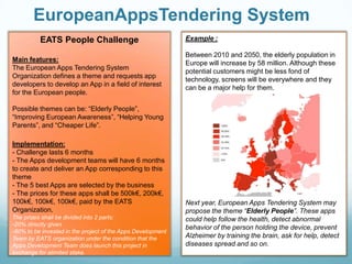 EuropeanAppsTendering System
EATS People Challenge
Main features:
The European Apps Tendering System
Organization defines a theme and requests app
developers to develop an App in a field of interest
for the European people.

Example :
Between 2010 and 2050, the elderly population in
Europe will increase by 58 million. Although these
potential customers might be less fond of
technology, screens will be everywhere and they
can be a major help for them.

Possible themes can be: “Elderly People”,
“Improving European Awareness”, “Helping Young
Parents”, and “Cheaper Life”.
Implementation:
- Challenge lasts 6 months
- The Apps development teams will have 6 months
to create and deliver an App corresponding to this
theme
- The 5 best Apps are selected by the business
- The prices for these apps shall be 500k€, 200k€,
100k€, 100k€, 100k€, paid by the EATS
Organization.
The prizes shall be divided into 2 parts:
-20% directly given
-80% to be invested in the project of the Apps Development
Team by EATS organization under the condition that the
Apps Development Team does launch this project in
exchange for alimited stake.

Next year, European Apps Tendering System may
propose the theme “Elderly People”. These apps
could help follow the health, detect abnormal
behavior of the person holding the device, prevent
Alzheimer by training the brain, ask for help, detect
diseases spread and so on.

 