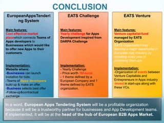 CONCLUSION
EuropeanAppsTenderi
ng System

EATS Challenge

Main features:
Cost effective market
placewhich connects Teams of
Apps developers to
Businesses which would like
to offer new Apps to their
customers.

Main features:
Yearly challenge for Apps
Development inspired from
DARPA Challenge

Implementation:
Website where:
-Businesses can launch
invitation for bids;
-Teams of Apps developers
build up & make an offer.
-Business selects best offer
-Follow-up&contractual
exchange

Implementation:
- Yearly Challenge
- Price worth 1M euros
- 1 theme defined by a
European Company and 1
theme defined by EATS
organization.

EATS Venture

Main features:
Venture capitalist fund
managed by EATS
Organization
EATS Organization may
become a major stakeholder in
European App Industry, by
investing every year in
promising Start-ups.
Implementation:
-Organization of events between
Venture Capitalists and
Entrepreneurs in Apps industry
-Invest in start-ups along with
these VCs.

In a word, European Apps Tendering System will be a profitable organization
because it will be a trustworthy partner for businesses and App Development teams.
If implemented, It will be at the head of the hub of European B2B Apps Market.

 