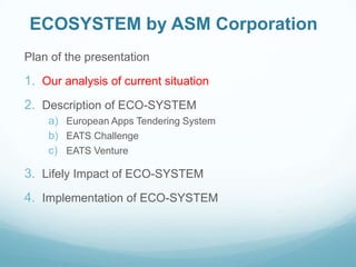 ECOSYSTEM by ASM Corporation
Plan of the presentation

1. Our analysis of current situation

2. Description of ECO-SYSTEM
a) European Apps Tendering System
b) EATS Challenge
c) EATS Venture

3. Lifely Impact of ECO-SYSTEM
4. Implementation of ECO-SYSTEM

 