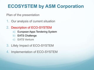 ECOSYSTEM by ASM Corporation
Plan of the presentation

1. Our analysis of current situation

2. Description of ECO-SYSTEM
a) European Apps Tendering System
b) EATS Challenge
c) EATS Venture

3. Lifely Impact of ECO-SYSTEM
4. Implementation of ECO-SYSTEM

 