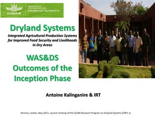 Dryland Systems
Integrated Agricultural Production Systems
for Improved Food Security and Livelihoods
in Dry Areas
WAS&DS
Outcomes of the
Inception Phase
Antoine Kalinganire & IRT
Amman, Jordan, May 2013. Launch meeting of the CGIAR Research Program on Dryland Systems (CRP1.1)
 