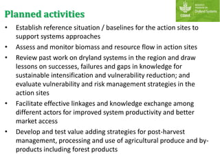 Planned activities
• Establish reference situation / baselines for the action sites to
support systems approaches
• Assess and monitor biomass and resource flow in action sites
• Review past work on dryland systems in the region and draw
lessons on successes, failures and gaps in knowledge for
sustainable intensification and vulnerability reduction; and
evaluate vulnerability and risk management strategies in the
action sites
• Facilitate effective linkages and knowledge exchange among
different actors for improved system productivity and better
market access
• Develop and test value adding strategies for post-harvest
management, processing and use of agricultural produce and by-
products including forest products
 