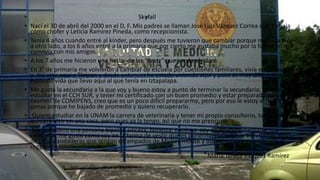 • Skyfall
• Nací el 30 de abril del 2000 en el D, F. Mis padres se llaman José Luis Vázquez Correa que trabaja
como chofer y Leticia Ramírez Pineda, como recepcionista.
• Tenía 4 años cuando entré al kínder, pero después me tuvieron que cambiar porque me fui a vivir
a otro lado, a los 6 años entré a la primaria que por cierto me gustaba mucho por la forma en que
convivía con mis amigos.
• A los 7 años me hicieron una fiesta de las “Bratz” que jamás olvidaré.
• En 3° de primaria me volvieron a cambiar de escuela por cuestiones familiares, vivía en Iztapalapa
y me vine aquí a Tlalpan y desde entonces he estado viviendo aquí y pues es muy diferente el
estilo de vida que llevo aquí al que tenía en Iztapalapa.
• Me gusta la secundaria a la que voy y bueno estoy a punto de terminar la secundaria; quiero
estudiar en el CCH SUR, y tener mí certificado con un buen promedio y estar preparada para el
examen de COMIPENS, creo que es un poco difícil prepararme, pero por eso le estoy echando
ganas porque he bajado de promedio y quiero recuperarlo.
• Quiero estudiar en la UNAM la carrera de veterinaria y tener mi propio consultorio, también
quisiera vivir en una casa, pero pues ya la tengo, así que no me preocupo.
• Me considero una persona bipolar, sincera, honesta, enojona soy de estatura mediana, soy
morenita, me gusta como soy en la forma de vestir que es ponerme pantalones entubados, tenis
de bota y sudaderas que tengan estampados de Mickey mouse y así, mi música es preferida es
reggaetón.
• María Teresa Vázquez Ramírez
 