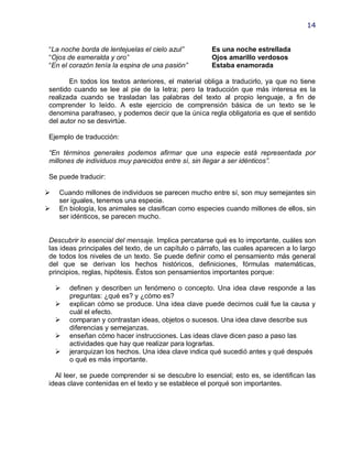 14


―La noche borda de lentejuelas el cielo azul”         Es una noche estrellada
―Ojos de esmeralda y oro”                             Ojos amarillo verdosos
―En el corazón tenía la espina de una pasión”         Estaba enamorada

       En todos los textos anteriores, el material obliga a traducirlo, ya que no tiene
sentido cuando se lee al pie de la letra; pero la traducción que más interesa es la
realizada cuando se trasladan las palabras del texto al propio lenguaje, a fin de
comprender lo leído. A este ejercicio de comprensión básica de un texto se le
denomina parafraseo, y podemos decir que la única regla obligatoria es que el sentido
del autor no se desvirtúe.

Ejemplo de traducción:

“En términos generales podemos afirmar que una especie está representada por
millones de individuos muy parecidos entre sí, sin llegar a ser idénticos”.

Se puede traducir:

   Cuando millones de individuos se parecen mucho entre sí, son muy semejantes sin
    ser iguales, tenemos una especie.
   En biología, los animales se clasifican como especies cuando millones de ellos, sin
    ser idénticos, se parecen mucho.


Descubrir lo esencial del mensaje. Implica percatarse qué es lo importante, cuáles son
las ideas principales del texto, de un capítulo o párrafo, las cuales aparecen a lo largo
de todos los niveles de un texto. Se puede definir como el pensamiento más general
del que se derivan los hechos históricos, definiciones, fórmulas matemáticas,
principios, reglas, hipótesis. Éstos son pensamientos importantes porque:

       definen y describen un fenómeno o concepto. Una idea clave responde a las
        preguntas: ¿qué es? y ¿cómo es?
       explican cómo se produce. Una idea clave puede decirnos cuál fue la causa y
        cuál el efecto.
       comparan y contrastan ideas, objetos o sucesos. Una idea clave describe sus
        diferencias y semejanzas.
       enseñan cómo hacer instrucciones. Las ideas clave dicen paso a paso las
        actividades que hay que realizar para lograrlas.
       jerarquizan los hechos. Una idea clave indica qué sucedió antes y qué después
        o qué es más importante.

  Al leer, se puede comprender si se descubre lo esencial; esto es, se identifican las
ideas clave contenidas en el texto y se establece el porqué son importantes.
 
