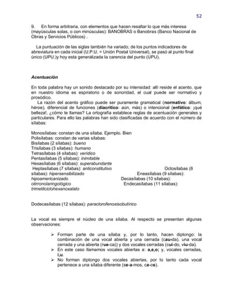 52

9. En forma arbitraria, con elementos que hacen resaltar lo que más interesa
(mayúsculas solas, o con minúsculas): BANOBRAS o Banobras (Banco Nacional de
Obras y Servicios Públicos) .

  La puntuación de las siglas también ha variado; de los puntos indicadores de
abreviatura en cada inicial (U.P.U. = Unión Postal Universal), se pasó al punto final
único (UPU.)y hoy esta generalizada la carencia del punto (UPU).



Acentuación

En toda palabra hay un sonido destacado por su intensidad: allí reside el acento, que
en nuestro idioma es espiratorio o de sonoridad, el cual puede ser normativo y
prosódico.
    La razón del acento gráfico puede ser puramente gramatical (normativo: álbum,
héroe), diferencial de funciones (diacrítico: aún, más) o intencional (enfático: ¡qué
belleza!, ¿cómo te llamas? La ortografía establece reglas de acentuación generales y
particulares. Para ello las palabras han sido clasificadas de acuerdo con el número de
sílabas:

Monosílabas: constan de una sílaba. Ejemplo. Bien
Polisílabas: constan de varias sílabas:
Bisílabas (2 sílabas): bueno
Trisílabas (3 sílabas): humano
Tetrasílabas (4 sílabas): verídico
Pentasílabas (5 sílabas): inimitable
Hexasílabas (6 sílabas): superabundante
 Heptasílabas (7 sílabas): anticonstitutivo                      Octosílabas (8
sílabas): hipersensibilizado                        Eneasílabas (9 sílabas):
hipoamericanizado                           Decasílabas (10 sílabas):
otirronolaringológico                        Endecasílabas (11 sílabas):
trimetilciclohexanoxalato


Dodecasílabas (12 sílabas): paraclorofenoxisobutírico


La vocal es siempre el núcleo de una sílaba. Al respecto se presentan algunas
observaciones:

           Forman parte de una sílaba y, por lo tanto, hacen diptongo: la
            combinación de una vocal abierta y una cerrada (cau-da), una vocal
            cerrada y una abierta (rue-ca)) y dos vocales cerradas (cui-do, viu-da).
           En este caso llamamos vocales abiertas a: a,e,o; y, vocales cerradas,
            i,u.
           No forman diptongo dos vocales abiertas, por lo tanto cada vocal
            pertenece a una sílaba diferente (se-a-mos, ca-os).
 