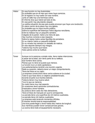 90

Haber   En esa función no hay ilusionistas.
        Es probable que en el mes que viene haya comicios.
        En el registro no hay nadie con ese nombre.
        Junto al valle hay una hermosa colina.
        El informe dice que habrá sol todo el día.
        En ese jardín hay abundante césped.
        La caótica situación de ese país puede provocar que haya una revolución.
        En pleno centro de la plaza hay una iglesia.
        Es probable que no haya mucho público.
        Sobre la superficie del estanque había algunos nenúfares.
        Entre la maleza hay un pequeño sendero.
        Colgada de la pared, había una ristra de ajos.
        Hay muchos rumores a ese respecto.
        Sobre la repisa había varias figurillas de porcelana.
        En su interior había un pequeño brillante.
        En su mirada hay siempre un destello de malicia.
        En ese deporte siempre hay riesgos.
        Todavía hay mucho que hacer.
        Hubo pánico entre la multitud.


Tener   Aunque no lo parezca a simple vista, tiene malas intenciones.
        A pesar de la edad, aún tiene parte de su belleza.
        Ese hombre tiene asma.
        Piensa que no tiene el puesto que merece.
        La función tuvo un éxito apoteósico.
        Los parlamentarios tendrán una reunión urgente.
        Dada su posición, debería tener un mejor comportamiento.
        Tiene las fotos en su cajón.
        La empresa constructora tiene varios solares en la ciudad.
        Todo lo que hace tiene un objetivo predeterminado.
        Durante el parto tuvo fuertes dolores.
        Todavía tienen muy buena salud.
        Tuvo lo que se merecía.
        Su rostro tiene muy mal aspecto.
        En ocasiones tiene opiniones contradictorias.
        Empezaba a tener hambre.
        Su postura tiene cada día más detractores.
        Tiene el título de marqués sin que le corresponda.
        La parcela tiene una superficie de mil metros cuadrados.
        La parcela tiene mil metros cuadrados.
        La empresa está teniendo momentos difíciles.
        El director tendrá toda la responsabilidad.
        Una boa puede llegar a tener hasta diez metros de longitud.
        Sus mentiras pueden tener consecuencias graves.
        La cocina tiene todo el equipamiento necesario.
 