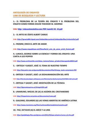 ANTOLOGÍA DE ENSAYOS
LINK DE BÚSQUEDA Y LECTURA

1.- EL PROBLEMA DE LA TEORÍA DEL ENSAYO Y EL PROBLEMA DEL
ENSAYO COMO FORMA SEGÚN THEODOR W. ADORNO

Link: http://educacionestetica.com/PDF/num02/02_02.pdf


2.- EL MITO DE SÍSIFO ALBERT CAMUS

Link: http://ignacio88.tripod.com/sitebuildercontent/sitebuilderfiles/mitosisifo2.pdf

3.- FROMM, ERICH EL ARTE DE AMAR

Link: http://www.respublicae.net/filosofia/el_arte_de_amar_erich_fromm.pdf

4.- LUKACS, GEORGE SOBRE LA ESENCIA Y FORMA DEL ENSAYO: UNA
CARTA A LEO POPPER

Link: http://www.archivochile.com/Ideas_Autores/lukacs_g/sobre/lukacsgsobre00023.pdf

5.- ORTEGA Y GASSET, JOSÉ: EL TEMA DE NUESTRO TIEMPO
Link: http://boj.pntic.mec.es/jgomez46/documentos/hfia/Orterga_texto-comentario.PDF

6.- ORTEGA Y GASSET, JOSÉ: LA DESHUMANIZACIÓN DEL ARTE
Link: http://literaturaiesalagon.wikispaces.com/file/view/La+deshumanizaci%C3%B3n+del+arte.pdf

7.- ORTEGA Y GASSET, JOSÉ: MEDITACIÓN DE LA TÉCNICA
Link: http://jlgonzalezquiros.es/Ortega%201.pdf

8.- UNAMUNO, MIGUEL DE (A) LA AGONÍA DEL CRISTIANISMO
Link: http://hispanismo.cervantes.es/documentos/mata.pdf

9.- GALEANO, EDUARDO (A) LAS VENAS ABIERTAS DE AMÉRICA LATINA
Link: http://www.marxismo.org/files/LasVenasAbiertasdeAmericaLatina.pdf


10.- PAZ, OCTAVIO (A) EL ARCO Y LA LIRA

Link: http://pedablogia.files.wordpress.com/2011/03/paz-octavio-el-arco-y-la-lira.pdf
 