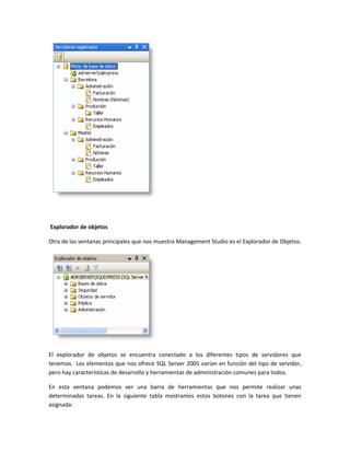 Explorador de objetos

Otra de las ventanas principales que nos muestra Management Studio es el Explorador de Objetos.




El explorador de objetos se encuentra conectado a los diferentes tipos de servidores que
tenemos. Los elementos que nos ofrece SQL Server 2005 varían en función del tipo de servidor,
pero hay características de desarrollo y herramientas de administración comunes para todos.

En esta ventana podemos ver una barra de herramientas que nos permite realizar unas
determinadas tareas. En la siguiente tabla mostramos estos botones con la tarea que tienen
asignada:
 