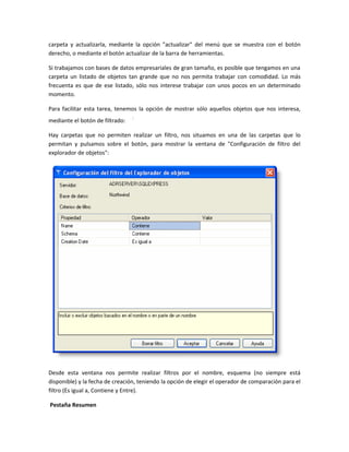 carpeta y actualizarla, mediante la opción "actualizar" del menú que se muestra con el botón
derecho, o mediante el botón actualizar de la barra de herramientas.

Si trabajamos con bases de datos empresariales de gran tamaño, es posible que tengamos en una
carpeta un listado de objetos tan grande que no nos permita trabajar con comodidad. Lo más
frecuenta es que de ese listado, sólo nos interese trabajar con unos pocos en un determinado
momento.

Para facilitar esta tarea, tenemos la opción de mostrar sólo aquellos objetos que nos interesa,
mediante el botón de filtrado:

Hay carpetas que no permiten realizar un filtro, nos situamos en una de las carpetas que lo
permitan y pulsamos sobre el botón, para mostrar la ventana de "Configuración de filtro del
explorador de objetos":




Desde esta ventana nos permite realizar filtros por el nombre, esquema (no siempre está
disponible) y la fecha de creación, teniendo la opción de elegir el operador de comparación para el
filtro (Es igual a, Contiene y Entre).

Pestaña Resumen
 