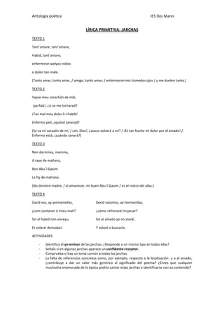 Antología poética IES Dos Mares
LÍRICA PRIMITIVA: JARCHAS
TEXTO 1
Tant`amare, tant`amare,
Habid, tant`amare;
enfermiron welyos nidios
e dolen tan male.
(Tanto amar, tanto amar, / amigo, tanto amar; / enfermaron mis húmedos ojos / y me duelen tanto.)
TEXTO 2
Vayse meu corachón de mib,
¡ya Rab!, ¿si se me tornarad?
¡Tan mal meu doler li-l-habib!
Enfermo yed, ¿quánd sanarad?
(Se va mi corazón de mí, / ¡oh, Dios!, ¿acaso volverá a mí? / ¡Es tan fuerte mi dolor por el amado! /
Enfermo está, ¿cuándo sanará?)
TEXTO 3
Non dormiray, mamma,
A rayo de mañana,
Bon Abu´l-Qasim
La faj de matrana.
(No dormiré madre, / al amanecer, mi buen Abu´l-Qasim / es el rostro del alba.)
TEXTO 4
Garid vos, ay yermaniellas, Decid vosotras, ay hermanillas,
¿com`contener é mieu mali? ¿cómo refrenaré mi pesar?
Sin el habid non vivreyu, Sin el amado yo no viviré,
Et volarei demadari. Y volaré a buscarlo.
ACTIVIDADES
- Identifica el yo-emisor de las jarchas. ¿Responde a un mismo tipo en todas ellas?
- Señala si en algunas jarchas aparece un confidente-receptor.
- Comprueba si hay un tema común a todas las jarchas.
- La falta de referencias concretas como, por ejemplo, respecto a la localización y a al amado,
¿contribuye a dar un valor más genérico al significado del poema? ¿Crees que cualquier
muchacha enamorada de la época podría cantar estas jarchas e identificarse con su contenido?
 