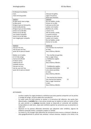 Antología poética IES Dos Mares
Ya florecen los árboles,
Juan;
mala seré de guardar.
Cata que los gallos,
según me parece,
dicen que amanece.
TEXTO 7
Al alba venid, buen amigo,
al alba venid.
Amigo el que yo más quería,
venid al alba del día.
Amigo el que yo más amaba,
venid a la luz del alba
Venid a la luz del día,
non trayáis compañía.
Venid a la luz del alba,
non traigáis gran compaña.
TEXTO 8
No me habléis, conde,
d'amor en la calle:
catá que os dirá mal,
conde, la mi madre.
Mañana iré, conde,
a lavar al río:
allá me tenéis, conde,
a vuestro servicio.
Catá que os dirá mal
conde, la mi madre.
No me habléis, conde
d'amor en la calle.
TEXTO 9
¡Ay que non era,
más ay que non hay,
quien de mi pena se duela!
Madre, la mi madre,
el mi lindo amigo
moricos de allende
lo llevan cativo,
cadenas de oro
candado morisco.
¡Ay que non era,
mas ay, que non hay
quien de mi pena se duela!
TEXTO 10
Tres morillas me enamoran
en Jaén,
Axa y Fátima y Marién.
Tres morillas tan garridas
iban a coger olivas,
y hallábanlas cogidas
en Jaén,
Axa y Fátima y Marién.
Y hallábanlas cogidas,
y tornaban desmaídas 10
y las colores perdidas
en Jaén,
Axa y Fátima y Marién.
Tres moricas tan lozanas,
tres moricas tan lozanas, 15
iban a coger manzanas
a Jaén,
Axa y Fátima y Marién.
ACTIVIDADES
- Localiza y explica los rasgos temáticos y estilísticos que estos poemas comparten con las jarchas
y cantigas de amigo. ¿A qué se debe esta coincidencia?
- La mayor parte de estos poemas se ajustan a la estructura del villancico: dos partes bien
diferenciadas, el estribillo (dos o tres versos iniciales que se repiten en todo o en parte al final
de cada estrofa) y la mudanza (estrofas donde se desarrolla el contenido del estribillo).
Compruébalo en cada texto. ¿Qué valor estilístico aportan las variaciones que se presentan en
cada uno?
- Aparecen en los poemas diferentes elementos que adquieren valor simbólico, algunos de
evidente contenido erótico. Localízalos y explica su sentido.
- Los textos 9 y 10 ¿recogen tipos diferentes de convivencia entre moros y cristianos? ¿Dónde se
sitúa geográficamente la actitud más amistosa –incluso amorosa- respecto a los moros o las
 
