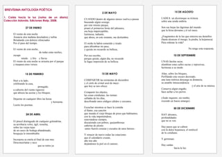 BREVÍSIMA ANTOLOGÍA POÉTICA
1. Caída hacia la luz (notas de un diario)
Colección Adonáis. Ediciones Rialp, 2008.
2 DE MAYO
CUANDO dentro de algunos meses vuelva a pasear
buscando algún sosiego
por este mismo parque,
pisaré el primerizo brote del jabonero,
esa hoja imperceptible,
luminosa, radiante,
que ahora, en este instante, me deslumbra.
El otoño la habrá sometido y tirado
para alfombrar mi paso,
y quizás no recuerde su belleza,
Por eso escribo,
porque quizás, algún día, no recuerde
la fugaz impresión de su belleza.
15 DE MAYO
COMPARTIR las tormentas de diciembre
y el cielo de cristal azul de mayo
que hoy se nos ofrece.
Compartir los objetos,
las cosas cotidianas, las rutinas
calladas de los días,
descifrando unos códigos cálidos y cercanos.
Escuchar mientras se hace la comida
el llanto, esa canción
que inunda el viejo bloque de pisos que habitamos,
con la vida imponiéndose,
renovándose siempre,
discutiendo con pobres, quejumbrosas
cañerías de plomo
-antes fueron corazas y escudos de unos héroes-.
Y renacer de nuevo todas las estaciones
que el calendario cruzan,
año tras año
dejándonos la piel en el camino.
15 DE AGOSTO
LADEA un alcornoque su tristeza
sobre una senda umbría.
Son sus hojas las lágrimas del mundo
que la brisa derrama y el sol mece.
¿Fragmentos de la luz que entierra sus destellos
(hasta alcanzar el musgo, la piedra, la hojarasca)
Para ordenar la vida?
No tengo esta respuesta.
10 DE SEPTIEMBRE
UNAS farolas secas
alumbran estas calles sucias y represivas,
hermosas a su modo.
Altas, sobre los bloques,
Perfilando este oscuro decorado,
una luna retórica descarga su distancia,
su amable intrascendencia
y el arte de su música.
Conserva algún engaño,
hace aullar a los perros.
(Ando inquieto, sin rumbo,
royendo un hueso amargo).
30 DE DICIEMBRE
HAY abismos,
profundidades
que no se ven.
Hay pasos que se cubren
con la dulce hojarasca, el estiércol
de lo cotidiano.
Y germinan.
Hay caídas
hacia la luz.
27 DE ENERO
El viento de esta noche
Anuncia otra mañana desoladora y turbia
Brindando con dolores silenciados
Por el paso del tiempo.
El viento de esta noche,
de todas estas noches,
escupe
miedo y frío y lluvia
El viento de esta noche se arrastra por el parque
y traspasa estos versos.
15 DE FEBRERO
Huir a tu lado,
celebrando la casa,
protegido,
a cubierto del viento riguroso
que abraza las aceras y los bloques.
Dejarme en cualquier libro las horas
y borrarme.
Leerte los poemas.
24 DE ABRIL
El pincel distinguido de cualquier golondrina,
su acrobacia veloz, ágil, resuelta,
sobre las viejas tejas
de un casco de bodega abandonado,
bosqueja lo innombrable.
Incorpora su estela al final de este mes
Desconcertante y seco
que se retira ya.
 