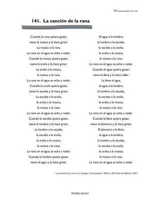 LEEMOS MEJOR DÍA A DÍA




   141. La canción de la rana


  Cuando la rana quiere gozar,                                       El agua a la lumbre,
  viene la mosca y la hace gritar.                                 la lumbre a la escoba,
        La mosca a la rana.                                         la escoba a la araña,
La rana en el agua se echa a nadar.                                  la araña a la mosca,
 Cuando la mosca quiere gozar,                                       la mosca a la rana.
  viene la araña y la hace gritar.                         La rana en el agua se echa a nadar.
       La araña a la mosca,                                   Cuando el agua quiere gozar,
        la mosca a la rana.                                    viene la llave y la hace callar.
La rana en el agua se echa a nadar.                                    La llave al agua,
  Cuando la araña quiere gozar,                                      el agua a la lumbre,
 viene la escoba y la hace gritar.                                 la lumbre a la escoba,
       La escoba a la araña,                                        la escoba a la araña,
       la araña a la mosca,                                          la araña a la mosca,
        la mosca a la rana.                                          la mosca a la rana.
La rana en el agua se echa a nadar.                        La rana en el agua se echa a nadar.
 Cuando la escoba quiere gozar,                               Cuando la llave quiere gozar,
 viene la lumbre y la hace gritar.                          viene el plomero y la hace gritar.
      La lumbre a la escoba,                                        El plomero a la llave,
       la escoba a la araña,                                         el agua a la lumbre,
       la araña a la mosca,                                        la lumbre a la escoba,
        la mosca a la rana.                                         la escoba a la araña,
La rana en el agua se echa a nadar.                                  la araña a la mosca,
 Cuando la lumbre quiere gozar,                                      la mosca a la rana.
  viene el agua y la hace gritar.                          La rana en el agua se echa a nadar.


                       “La canción de la rana” en ¡A jugar! Lírica popular. México, SEP-Artes de México, 2007.




                                        PRIMER GRADO
 