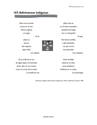 LEEMOS MEJOR DÍA A DÍA




167. Adivinanzas indígenas


     Nace en el monte,                                                       ¿Qué cosa es,
      muere en el mar.                                                  en el cielo encendido,
       Nunca regresa                                                      serpiente de fuego
         a su lugar.                                                      con un chasquido?
                             El río.                                                                   El rayo.
          ¿Qué es,                                                        No hacen tortillas
           qué es,                                                          y dan palmadas,
        dos negritos                                                         van por el aire
         tapan diez?                                                         muy apuradas.
                       Los zapatos.                                                           Las mariposas.


    En la orilla de la mar                                                   Unas estrellas
 de algún pájaro el huarache;                                              subieron al cielo,
  de las olas, en tus manos,                                                otras quedaron
 como un trozo de la noche.                                             brillando en su vuelo.
              La estrella de mar.                                                             Las luciérnagas



                             Adivinanzas indígenas, Elisa Ramírez (adaptación). México, SEP-Patria Cultural, 1989.




                                          PRIMER GRADO
 