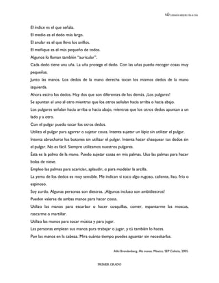 LEEMOS MEJOR DÍA A DÍA




El índice es el que señala.
El medio es el dedo más largo.
El anular es el que lleva los anillos.
El meñique es el más pequeño de todos.
Algunos lo llaman también “auricular”.
Cada dedo tiene una uña. La uña protege el dedo. Con las uñas puedo recoger cosas muy
pequeñas.
Junto las manos. Los dedos de la mano derecha tocan los mismos dedos de la mano
izquierda.
Ahora estiro los dedos. Hay dos que son diferentes de los demás. ¡Los pulgares!
Se apuntan el uno al otro mientras que los otros señalan hacia arriba o hacia abajo.
Los pulgares señalan hacia arriba o hacia abajo, mientras que los otros dedos apuntan a un
lado y a otro.
Con el pulgar puedo tocar los otros dedos.
Utilizo el pulgar para agarrar o sujetar cosas. Intenta sujetar un lápiz sin utilizar el pulgar.
Intenta abrocharte los botones sin utilizar el pulgar. Intenta hacer chasquear tus dedos sin
el pulgar. No es fácil. Siempre utilizamos nuestros pulgares.
Ésta es la palma de la mano. Puedo sujetar cosas en mis palmas. Uso las palmas para hacer
bolas de nieve.
Empleo las palmas para acariciar, aplaudir, o para modelar la arcilla.
La yema de los dedos es muy sensible. Me indican si toco algo rugoso, caliente, liso, frío o
espinoso.
Soy zurdo. Algunas personas son diestras. ¡Algunos incluso son ambidiestros!
Pueden valerse de ambas manos para hacer cosas.
Utilizo las manos para escarbar o hacer cosquillas, comer, espantarme las moscas,
rascarme o martillar.
Utilizo las manos para tocar música y para jugar.
Las personas emplean sus manos para trabajar o jugar, y tú también lo haces.
Pon las manos en la cabeza. Mira cuánto tiempo puedes aguantar sin necesitarlas.


                                                   Aliki Brandenberg, Mis manos. México, SEP Celistia, 2005.



                                         PRIMER GRADO
 