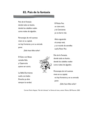82. País de la fantasía


País de la Fantasía
                                                              El Patito Feo
donde todo es ilusión,
                                                              un cisne será,
donde los caballos vuelan
                                                              y la Cenicienta
como nubes de algodón.
                                                              ya no barre más

Personajes de mil cuentos
                                                              Alicia siguiendo
viven en su capital,
                                                              al conejo está,
no hay fronteras y en su entrada
                                                              y un mundo de estrellas
pone:
                                                              sueña Peter Pan.
        ¡Sólo hace falta soñar!

                                                             País de la Fantasía,
El Gato con Botas
                                                             donde todo es ilusión,
cantaba feliz,
                                                             donde los caballos vuelan
y Caperucita
                                                             como nubes de algodón.
quiere ser actriz.

                                                             Personajes de mil cuentos
La Bella Durmiente
                                                             viven en su capital,
sueña con bailar.
                                                              no hay fronteras y en su entrada
Pinocho ya dice
                                                              pone:
siempre la verdad.
                                                                        ¡Sólo hace falta soñar!


        Carmen Martín Anguita, “País de la fantasía” en Poemas de lunas y colores. México, SEP-Pearson, 2003.
 