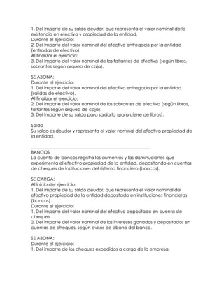 1. Del importe de su saldo deudor, que representa el valor nominal de la
existencia en efectivo y propiedad de la entidad.
Durante el ejercicio:
2. Del importe del valor nominal del efectivo entregado por la entidad
(entradas de efectivo).
Al finalizar el ejercicio:
3. Del importe del valor nominal de los faltantes de efectivo (según libros,
sobrantes según arqueo de caja).
SE ABONA:
Durante el ejercicio:
1. Del importe del valor nominal del efectivo entregado por la entidad
(salidas de efectivo).
Al finalizar el ejercicio:
2. Del importe del valor nominal de los sobrantes de efectivo (según libros,
faltantes según arqueo de caja).
3. Del importe de su saldo para saldarla (para cierre de libros).
Saldo
Su saldo es deudor y representa el valor nominal del efectivo propiedad de
la entidad.
______________________________________________________
BANCOS
La cuenta de bancos registra los aumentos y las disminuciones que
experimenta el efectivo propiedad de la entidad, depositando en cuentas
de cheques de instituciones del sistema financiero (bancos).
SE CARGA:
Al inicio del ejercicio:
1. Del importe de su saldo deudor, que representa el valor nominal del
efectivo propiedad de la entidad depositado en instituciones financieras
(bancos).
Durante el ejercicio:
1. Del importe del valor nominal del efectivo depositado en cuenta de
cheques.
2. Del importe del valor nominal de los intereses ganados y depositados en
cuentas de cheques, según avisos de abono del banco.
SE ABONA:
Durante el ejercicio:
1. Del importe de los cheques expedidos a cargo de la empresa.

 