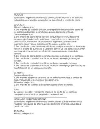 ______________________________________________________
EDIFICIOS
Esta cuenta registra los aumentos y disminuciones relativos a los edificios
adquiridos o construidos, propiedad de la entidad, a precio de costo.
SE CARGA:
Al inicio del ejercicio:
1. Del importe de su saldo deudor, que representa el precio del costo de
los edificios adquiridos o construidos, propiedad de la entidad.
Durante el ejercicio:
2. Del precio de costo de los edificios adquiridos o construidos por la
empresa, dentro del costo se incluyen conceptos como permisos de
construcción, honorarios de arquitectos, ingenieros, planeación e
ingeniería, supervisión y adiestramiento, gastos legales, etc.
3. Del precio de costro de las adquisiciones o mejoras a edificios, las cuales
tienen el efecto de aumentar el valor del activo, ya sea porque aumenten
su capacidad de servicio, su eficiencia o prolonguen su vida útil de
servicio.
4. Del precio de costo de las reconstrucciones efectuadas a los edificios.
5. Del precio de costo de los edificios recibidos como pago de algún
deudor.
6. Del precio de costo de los edificios recibidos como donaciones.
7. Del precio de costo de los edificios recibidos como pago (exhibición) de
capital social, de un socio o accionista.
SE ABONA:
Durante el ejercicio:
1. Del importe del precio de costo de los edificios vendidos, o dados de
baja, incluyendo su demolición, donación, etc.
Al finalizar el ejercicio:
2. Del importe de su saldo para saldarla (para cierre de libros).
Saldo
Su saldo es deudor y representa el precio de costo de los edificios
comprados o construidos, propiedad de la entidad.
______________________________________________________
MOBILIARIO Y EQUIPO DE OFICINA
Esta cuenta registra los aumentos y disminuciones que se realizan en los
muebles y el equipo de oficina, propiedad de la empresa, valuados a
precio de costo.
SE CARGA:
Al inicio del ejercicio:

 