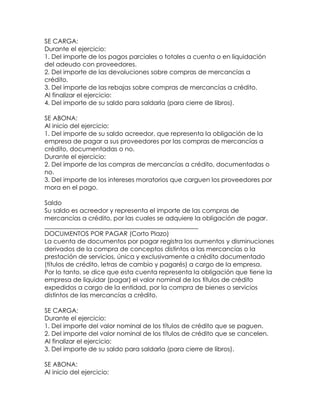 SE CARGA:
Durante el ejercicio:
1. Del importe de los pagos parciales o totales a cuenta o en liquidación
del adeudo con proveedores.
2. Del importe de las devoluciones sobre compras de mercancías a
crédito.
3. Del importe de las rebajas sobre compras de mercancías a crédito.
Al finalizar el ejercicio:
4. Del importe de su saldo para saldarla (para cierre de libros).
SE ABONA:
Al inicio del ejercicio:
1. Del importe de su saldo acreedor, que representa la obligación de la
empresa de pagar a sus proveedores por las compras de mercancías a
crédito, documentadas o no.
Durante el ejercicio:
2. Del importe de las compras de mercancías a crédito, documentadas o
no.
3. Del importe de los intereses moratorios que carguen los proveedores por
mora en el pago.
Saldo
Su saldo es acreedor y representa el importe de las compras de
mercancías a crédito, por las cuales se adquiere la obligación de pagar.
_________________________________________________
DOCUMENTOS POR PAGAR (Corto Plazo)
La cuenta de documentos por pagar registra los aumentos y disminuciones
derivados de la compra de conceptos distintos a las mercancías o la
prestación de servicios, única y exclusivamente a crédito documentado
(títulos de crédito, letras de cambio y pagarés) a cargo de la empresa.
Por lo tanto, se dice que esta cuenta representa la obligación que tiene la
empresa de liquidar (pagar) el valor nominal de los títulos de crédito
expedidos a cargo de la entidad, por la compra de bienes o servicios
distintos de las mercancías a crédito.
SE CARGA:
Durante el ejercicio:
1. Del importe del valor nominal de los títulos de crédito que se paguen.
2. Del importe del valor nominal de los títulos de crédito que se cancelen.
Al finalizar el ejercicio:
3. Del importe de su saldo para saldarla (para cierre de libros).
SE ABONA:
Al inicio del ejercicio:

 