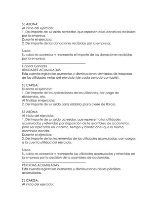 SE ABONA:
Al inicio del ejercicio:
1. Del importe de su saldo acreedor, que representa los donativos recibidos
por la empresa.
Durante el ejercicio:
2. Del importe de las donaciones recibidas por la empresa.
Saldo
Su saldo es acreedor y representa el importe de las donaciones recibidas
por la empresa.
_________________________________________
Capital Ganado
UTILIDADES ACUMULADAS
Esta cuenta registra los aumentos y disminuciones derivadas de traspasos
de las utilidades netas del ejercicio (de cada periodo contable).
SE CARGA:
Durante el ejercicio:
1. Del importe de las aplicaciones de las utilidades, por pago de
dividendos, etc.
Al finalizar el ejercicio:
2. Del importe de su saldo para saldarla (para cierre de libros).
SE ABONA:
Al inicio del ejercicio:
1. Del importe de su saldo acreedor, que representa las utilidades
acumuladas y retenidas por disposición de la asamblea de accionistas,
para ser aplicadas en la forma, tiempo y condiciones que la misma
asamblea decida.
Durante el ejercicio:
2. Del importe de los incrementos de las utilidades acumuladas, con cargos
a la cuenta utilidad del ejercicio.
Saldo
Su saldo es acreedor y representa las utilidades acumuladas y retenidas en
la empresa por la decisión de la asamblea de accionistas.
_________________________________________
PÉRDIDAS ACUMULADAS
Esta cuenta registra los aumentos y disminuciones de las pérdidas
acumuladas.
SE CARGA:
Al inicio del ejercicio:

 