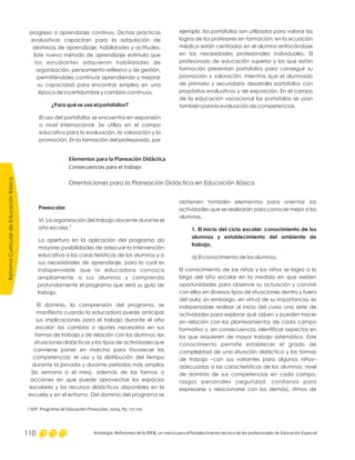 ejemplo, los portafolios son utilizados para valorar los
logros de los profesores en formación; en la ecuación
médica están centrados en el alumno enfocándose
en las necesidades profesionales individuales. El
profesorado de educación superior y los que están
formación presentan portafolios para conseguir su
promoción y valoración, mientras que el alumnado
de primaria y secundaria desarrolla portafolios con
propósitos evaluativos y de exposición. En el campo
de la educación vocacional los portafolios se usan
también para la evaluación de competencias.
progreso o aprendizaje continuo. Dichas prácticas
evaluativas capacitan para la adquisición de
destrezas de aprendizaje, habilidades y actitudes.
Este nuevo método de aprendizaje estimula que
los estudiantes adquieran habilidades de
organización, pensamiento reflexivo y de gestión,
permitiéndoles continuar aprendiendo y mejorar
su capacidad para encontrar empleo en una
época de incertidumbre y cambios continuos.
El uso del portafolios se encuentra en expansión
a nivel internacional. Se utiliza en el campo
educativo para la evaluación, la valoración y la
promoción. En la formación del profesorado, por
¿Para qué se usa el portafolios?
Elementos para la Planeación Didáctica
Consecuencias para el trabajo
Orientaciones para la Planeación Didáctica en Educación Básica
obtienen también elementos para orientar las
actividades que se realizarán para conocer mejor a los
alumnos.
a) El conocimiento de los alumnos.
El conocimiento de las niñas y los niños se logra a lo
largo del año escolar en la medida en que existen
oportunidades para observar su actuación y convivir
con ellos en diversos tipos de situaciones dentro y fuera
del aula; sin embargo, en virtud de su importancia, es
indispensable realizar al inicio del curso una serie de
actividades para explorar qué saben y pueden hacer
en relación con los planteamientos de cada campo
formativo y, en consecuencia, identificar aspectos en
los que requieren de mayor trabajo sistemático. Este
conocimiento permite establecer el grado de
complejidad de una situación didáctica y las formas
de trabajo –con sus variantes para algunos niños–
adecuadas a las características de los alumnos: nivel
de dominio de sus competencias en cada campo,
rasgos personales (seguridad, confianza para
expresarse y relacionarse con los demás), ritmos de
1. El inicio del ciclo escolar: conocimiento de los
alumnos y establecimiento del ambiente de
trabajo.
Preescolar
VI. La organización del trabajo docente durante el
año escolar.
La apertura en la aplicación del programa da
mayores posibilidades de adecuar la intervención
educativa a las características de los alumnos y a
sus necesidades de aprendizaje, para lo cual es
indispensable que la educadora conozca
ampliamente a sus alumnos y comprenda
profundamente el programa que será su guía de
trabajo.
El dominio, la comprensión del programa, se
manifiesta cuando la educadora puede anticipar
sus implicaciones para el trabajo durante el año
escolar: los cambios o ajustes necesarios en sus
formas de trabajo y de relación con los alumnos; las
situaciones didácticas y los tipos de actividades que
conviene poner en marcha para favorecer las
competencias; el uso y la distribución del tiempo
durante la jornada y durante periodos más amplios
(la semana o el mes), además de las formas o
acciones en que puede aprovechar los espacios
escolares y los recursos didácticos disponibles en la
escuela y en el entorno. Del dominio del programa se
1 SEP. Programa de Educación Preescolar, 2004, Pp. 117-120.
ReformaCurriculardeEducaciónBásica
Antología. Referentes de la RIEB, un marco para el fortalecimiento técnico de los profesionales de Educación Especial110
1
 