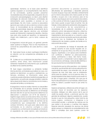 aprendizaje. Asimismo, es la base para identificar
quiénes requieren un acompañamiento más directo
en las actividades, quiénes pueden presentar
necesidades educativas especiales y requieren de una
evaluación psicopedagógica, es decir, para diseñar
estrategias de atención individual y actividades de
reforzamiento para ayudarlos a avanzar en sus
aprendizajes. De otro modo, cuando la educadora
ignora lo que cada uno de sus alumnos conoce y sabe
hacer, la funcionalidad de las actividades como
medio de aprendizaje depende enteramente de la
casualidad: para algunos alumnos una actividad
puede ser interesante y representar desafíos, mientras
que para otros puede ser repetitiva, no representar
ningún reto intelectual y, por lo tanto, carecer de
sentido.
El diagnóstico inicial del grupo, en general, permite
saber quiénes lo integran. Pero lo más importante es
conocer las características de cada alumno y cada
alumna:
Qué saben hacer, es decir, qué logros manifiestan
en relación con las competencias señaladas en el
programa.
Cuáles son sus condiciones de salud física (visual y
auditiva, entre otras). Esta información puede
obtenerse mediante los instrumentos que usualmente
se utilizan en los Jardines de Niños.
Qué rasgos caracterizan su ambiente familiar
(formas de trato, actividades que realizan en casa, con
quiénes se relacionan, sus gustos o preferencias, sus
temores, etcétera). La información sobre estas
cuestiones puede obtenerse mediante el juego libre, el
organizado y, en particular, el juego simbólico, además
de la observación directa, la entrevista con la madre y
el padre de familia y con el alumno.
El diagnóstico inicial se realiza mientras se desarrollan
las actividades de la jornada durante las primeras
semanas del ciclo escolar. Su diferencia con el trabajo
del resto del año es que las situaciones didácticas se
seleccionan o preparan con el fin de observar y
registrar rasgos de las acciones de los niños y las niñas;
es decir, la educadora pondrá en marcha una serie de
actividades para explorar niveles de dominio de las
competencias que corresponden a los distintos
campos formativos. Una guía para seleccionar esas
actividades es la columna contigüa a cada
competencia. La información recopilada se incluirá en
el expediente de cada alumno, este instrumento
r
r
r
permitirá documentar su proceso (avances,
dificultades) de aprendizaje y desarrollo personal.
Cuando el grupo haya sido atendido anteriormente
por la misma educadora esta tarea puede ser más
sencilla y ocupar una o dos semanas; pero en los
casos en que el grupo sea nuevo para la educadora,
y más cuando se trata de un grupo de primer grado,
esta tarea puede ocupar hasta el primer mes de
trabajo. Ambos elementos (el dominio del programa
y el conocimiento de las características y
necesidades de la población atendida) son el
referente común del personal docente y directivo
para establecer acuerdos y realizar acciones de
mejoramiento de la escuela en su conjunto y para
prever las acciones necesarias que la escuela debe
promover con la finalidad de fortalecer la
colaboración de madres y padres de familia en la
educación de sus hijos.
b) El ambiente de trabajo El desarrollo del
trabajo durante el ciclo escolar requiere de un
ambiente en el que las niñas y los niños se sientan
seguros, respetados y con apoyo para manifestar
con confianza y libertad sus preocupaciones,
dudas, sentimientos e ideas. Del mismo modo,
deberán asumir y comprender nuevas reglas para
la convivencia y el trabajo, varias de ellas distintas a
las que se practican en el ambiente familiar.
Es importante que los niños perciban, con claridad
creciente, que el sentido de ir a la escuela está en la
oportunidad de saber y de entender más, de ser
capaces de más. Esta idea, que es totalmente
obvia para los adultos, no lo es para los niños. Su
propia experiencia les debe mostrar que el Jardín no
es sólo un lugar grato y divertido, sino que por el
hecho de participar en sus actividades, saben lo que
antes no sabían y pueden hacer lo que antes no
podían.
Explorar semejanzas y diferencias entre el hogar y la
escuela, hacer el recorrido por los espacios
escolares, dialogar con ellos acerca de lo que el
Jardín les puede ofrecer, y promover que los más
grandes les platiquen algunas experiencias, puede
ayudar a que los más pequeños, sobre todo los de
nuevo ingreso, comiencen a integrarse a la
comunidad escolar, a entender las razones por las
que asisten a la escuela y a sentirse más seguros.
Especial atención requieren los alumnos de primer
grado porque su integración es probablemente más
difícil y compleja que para quienes cursan los
ReformaCurriculardeEducaciónBásica
Antología. Referentes de la RIEB, un marco para el fortalecimiento técnico de los profesionales de Educación Especial 111
 