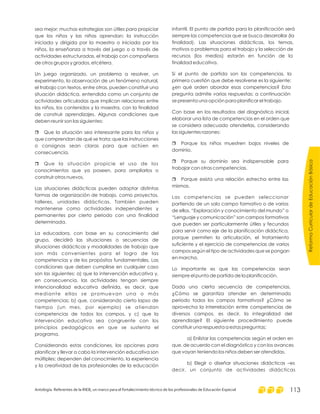 sea mejor; muchas estrategias son útiles para propiciar
que los niños y las niñas aprendan: la instrucción
iniciada y dirigida por la maestra o iniciada por los
niños, la enseñanza a través del juego o a través de
actividades estructuradas, el trabajo con compañeros
de otros grupos y grados, etcétera.
Un juego organizado, un problema a resolver, un
experimento, la observación de un fenómeno natural,
el trabajo con textos, entre otras, pueden constituir una
situación didáctica, entendida como un conjunto de
actividades articuladas que implican relaciones entre
los niños, los contenidos y la maestra, con la finalidad
de construir aprendizajes. Algunas condiciones que
deben reunir son las siguientes:
Que la situación sea interesante para los niños y
que comprendan de qué se trata; que las instrucciones
o consignas sean claras para que actúen en
consecuencia.
Que la situación propicie el uso de los
conocimientos que ya poseen, para ampliarlos o
construir otros nuevos.
Las situaciones didácticas pueden adoptar distintas
formas de organización de trabajo, como proyectos,
talleres, unidades didácticas. También pueden
mantenerse como actividades independientes y
permanentes por cierto periodo con una finalidad
determinada.
La educadora, con base en su conocimiento del
grupo, decidirá las situaciones o secuencias de
situaciones didácticas y modalidades de trabajo que
son más convenientes para el logro de las
competencias y de los propósitos fundamentales. Las
condiciones que deben cumplirse en cualquier caso
son las siguientes: a) que la intervención educativa y,
en consecuencia, las actividades tengan siempre
intencionalidad educativa definida, es decir, que
mediante ellas se promuevan una o más
competencias; b) que, considerando cierto lapso de
tiempo (un mes, por ejemplo) se atiendan
competencias de todos los campos, y c) que la
intervención educativa sea congruente con los
principios pedagógicos en que se sustenta el
programa.
Considerando estas condiciones, las opciones para
planificar y llevar a cabo la intervención educativa son
múltiples; dependen del conocimiento, la experiencia
y la creatividad de las profesionales de la educación
r
r
infantil. El punto de partida para la planificación será
siempre las competencias que se busca desarrollar (la
finalidad). Las situaciones didácticas, los temas,
motivos o problemas para el trabajo y la selección de
recursos (los medios) estarán en función de la
finalidad educativa.
Si el punto de partida son las competencias, la
primera cuestión que debe resolverse es la siguiente:
¿en qué orden abordar esas competencias? Esta
pregunta admite varias respuestas; a continuación
se presenta una opción para planificar el trabajo.
Con base en los resultados del diagnóstico inicial,
elaborar una lista de competencias en el orden que
se considera adecuado atenderlas, considerando
las siguientes razones:
Porque los niños muestren bajos niveles de
dominio.
Porque su dominio sea indispensable para
trabajar con otras competencias.
Porque exista una relación estrecha entre las
mismas.
Las competencias se pueden seleccionar
partiendo de un solo campo formativo o de varios
de ellos. “Exploración y conocimiento del mundo” o
“Lenguaje y comunicación” son campos formativos
que pueden ser particularmente útiles y fecundos
para servir como eje de la planificación didáctica,
porque permiten la articulación, el tratamiento
suficiente y el ejercicio de competencias de varios
campos según el tipo de actividades que se pongan
en marcha.
Lo importante es que las competencias sean
siempre el punto de partida de la planificación.
Dada una cierta secuencia de competencias,
¿Cómo se garantiza atender en determinado
periodo todos los campos formativos? ¿Cómo se
aprovecha la interrelación entre competencias de
diversos campos, es decir, la integralidad del
aprendizaje? El siguiente procedimiento puede
constituir una respuesta a estas preguntas:
a) Enlistar las competencias según el orden en
que, de acuerdo con el diagnóstico y con los avances
que vayan teniendo los niños deben ser atendidas.
b) Elegir o diseñar situaciones didácticas –es
decir, un conjunto de actividades didácticas
r
r
r
ReformaCurriculardeEducaciónBásica
Antología. Referentes de la RIEB, un marco para el fortalecimiento técnico de los profesionales de Educación Especial 113
 