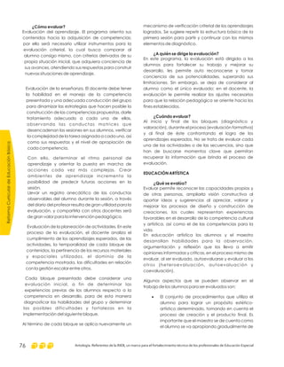 ReformaCurriculardeEducaciónBásica
Antología. Referentes de la RIEB, un marco para el fortalecimiento técnico de los profesionales de Educación Especial76
mecanismo de verificación criterial de los aprendizajes
logrados. Se sugiere repetir la estructura básica de la
primera sesión para partir y continuar con los mismos
elementos de diagnóstico.
En este programa, la evaluación está dirigida a los
alumnos para fortalecer su trabajo y mejorar su
desarrollo, les permite auto reconocerse y tomar
conciencia de sus potencialidades, superando sus
limitaciones. Sin embargo, se deja de considerar al
alumno como el único evaluado; en el docente, la
evaluación le permite realizar los ajustes necesarios
para que la relación pedagógica se oriente hacia los
fines establecidos.
Al inicio y final de los bloques (diagnóstico y
valoración), durante el proceso (evaluación formativa)
y al final de éste confrontando el logro de los
aprendizajes esperados. No se trata de evaluar cada
una de las actividades o de las secuencias, sino que
han de buscarse momentos clave que permitan
recuperar la información que brinda el proceso de
evaluación.
Evaluar permite reconocer las capacidades propias y
de otras personas, ampliarla visión constructiva al
aportar ideas y sugerencias al apreciar, valorar y
mejorar los procesos de diseño y construcción de
creaciones, los cuales representan experiencias
favorables en el desarrollo de la competencia cultural
y artística, así como el de las competencias para la
vida.
En educación artística los alumnos y el maestro
desarrollan habilidades para la observación,
argumentación y reflexión que los lleva a emitir
opiniones informadas y críticas, en el proceso mismo de
evaluar, al ser evaluado, autoevaluarse y evaluar a los
otros (heteroevaluación, autoevaluación y
coevaluación).
Algunos aspectos que se pueden observar en el
trabajo de los alumnos para ser evaluados son:
El conjunto de procedimientos que utiliza el
alumno para lograr un propósito estético-
artístico determinado, tomando en cuenta el
proceso de creación y el producto final. Es
importante que el maestro se de cuenta como
el alumno se va apropiando gradualmente de
¿A quién se dirige la evaluación?
¿Cuándo evaluar?
EDUCACIÓN ARTÍSTICA
¿Qué se evalúa?
·
¿Cómo evaluar?
Evaluación del aprendizaje. El programa orienta sus
contenidos hacia la adquisición de competencias;
por ello será necesario utilizar instrumentos para la
evaluación criterial, la cual busca comparar al
alumno consigo mismo, con criterios derivados de su
propia situación inicial, que adquiera conciencia de
sus avances, atendiendo sus respuestas para construir
nuevas situaciones de aprendizaje.
Evaluación de la enseñanza. El docente debe tener
la habilidad en el manejo de la competencia
presentada y una adecuada conducción del grupo
para dinamizar las estrategias que hacen posible la
construcción de las competencias propuestas, darle
tratamiento adecuado a cada una de ellas,
observando las conductas motrices que
desencadenan las sesiones en sus alumnos, verificar
la complejidad de la tarea asignada a cada uno, así
como sus respuestas y el nivel de apropiación de
cada competencia.
Con ello, determinar el ritmo personal de
aprendizaje y orientar la puesta en marcha de
acciones cada vez más complejas. Crear
ambientes de aprendizaje incrementa la
posibilidad de predecir futuras acciones en la
sesión.
Llevar un registro anecdótico de las conductas
observables del alumno durante la sesión, a través
del diario del profesor resulta de gran utilidad para la
evaluación, y compartirla con otros docentes será
de gran valor para la intervención pedagógica.
Evaluación de la planeación de actividades. En este
proceso de la evaluación, el docente analiza el
cumplimiento de los aprendizajes esperados, de las
actividades, la temporalidad de cada bloque de
contenidos, la pertinencia de los recursos materiales
y espaciales utilizados, el dominio de la
competencia mostrada, las dificultades en relación
con la gestión escolar entre otros.
Cada bloque presentado debe considerar una
evaluación inicial, a fin de determinar las
experiencias previas de los alumnos respecto a la
competencia en desarrollo, para de esta manera
diagnosticar las habilidades del grupo y determinar
las posibles dificultades y fortalezas en la
implementación del siguiente bloque.
Al término de cada bloque se aplica nuevamente un
 