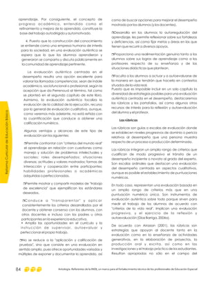 como de buscar opciones para mejorar el desempeño
mostrado por los alumnos (y los docentes).
Desarrolla en los alumnos la autorregulación del
aprendizaje, les permite reflexionar sobre sus fortalezas
y deficiencias, así como fijar metas y áreas en las que
tienen que recurrir a diversos apoyos.
Proporciona una realimentación genuina tanto a los
alumnos sobre sus logros de aprendizaje como a los
profesores respecto de su enseñanza y de las
situaciones didácticas que plantean.
Faculta a los alumnos a actuar y a autoevaluarse de
la manera en que tendrán que hacerlo en contextos
situados de la vida real.
Puesto que es imposible incluir en un solo capítulo la
diversidad de estrategias posibles para una evaluación
auténtica centrada en el desempeño, destacaremos
las rúbricas y los portafolios, así como algunos otros
recursos de interés para la reflexión y autoevaluación
del alumno y el profesor.
Las rúbricas son guías o escalas de evaluación donde
se establecen niveles progresivos de dominio o pericia
relativos al desempeño que una persona muestra
respecto de un proceso o producción determinada.
Las rúbricas integran un amplio rango de criterios que
cualifican de modo progresivo el tránsito de un
desempeño incipiente o novato al grado del experto.
Son escalas ordinales que destacan una evaluación
del desempeño centrada en aspectos cualitativos,
aunque es posible el establecimiento de puntuaciones
numéricas.
En todo caso, representan una evaluación basada en
un amplio rango de criterios más que en una
puntuación numérica única. Son instrumentos de
evaluación auténtica sobre todo porque sirven para
medir el trabajo de los alumnos de acuerdo con
"criterios de la vida real". Implican una evaluación
progresiva, y el ejercicio de la reflexión y
autoevaluación (Díaz Barriga, 2004a).
De acuerdo con Airasian (2001), las rúbricas son
estrategias que apoyan al docente tanto en la
evaluación como en la enseñanza de actividades
generativas, en la elaboración de proyectos, la
producción oral y escrita, así como en las
investigaciones y el trabajo práctico de los estudiantes.
Resultan apropiadas no sólo en el campo del
r
r
r
Las rúbricas
aprendizaje. Por consiguiente, el concepto de
progreso académico, entendido como el
refinamiento y mejora de lo aprendido, constituye la
base del trabajo autodirigido y automotivado.
4. Puesto que la construcción del conocimiento
se entiende como una empresa humana de interés
para la sociedad, en una evaluación auténtica se
espera que lo que los alumnos aprendieron y
generaron se comparta y discuta públicamente en
la comunidad de aprendizaje pertinente.
La evaluación auténtica centrada en el
desempeño resulta una opción excelente para
valorar las llamadas competencias, sean de índole
académica, sociofuncional o profesional, según la
acepción que da Perrenoud al término, tal como
se planteó en el segundo capítulo de este libro.
Asimismo, la evaluación auténtica focaliza la
evaluación de la calidad de la ejecución, recurso
por lo general de evaluación cualitativa, aunque,
como veremos más adelante, no está reñida con
la cuantificación que conduce a obtener una
calificación numérica.
Algunas ventajas y alcances de este tipo de
evaluación son los siguientes:
Permite confrontar con "criterios del mundo real"
el aprendizaje en relación con cuestiones como
manejo y solución de problemas intelectuales y
sociales; roles desempeñados; situaciones
diversas; actitudes y valores mostrados; formas de
interacción y cooperación entre participantes;
habilidades profesionales o académicas
adquiridas o perfeccionadas.
Permite mostrar y compartir modelos de "trabajo
de excelencia" que ejemplifican los estándares
deseados.
Conduce a "transparentar" y aplicar
consistentemente los criterios desarrollados por el
docente y obtener consenso con los alumnos, con
otros docentes e incluso con los padres u otros
participantes en la experiencia educativa.
• Amplía las oportunidades en el currículo y la
instrucción de supervisar, autoevaluar y
perfeccionar el propio trabajo.
No se reduce a la "aplicación y calificación de
pruebas", sino que consiste en una evaluación en
sentido amplio, pues ofrece oportunidades variadas y
múltiples de exponer y documentar lo aprendido, así
r
r
r
r
ReformaCurriculardeEducaciónBásica
Antología. Referentes de la RIEB, un marco para el fortalecimiento técnico de los profesionales de Educación Especial84
 