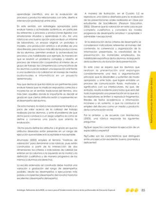 aprendizaje científico, sino en la evaluación de
procesos y productos relacionados con arte, diseño e
intervención profesional, entre otras.
En este sentido, son estrategias apropiadas para
evaluar tareas o actividades auténticas, en particular
las referentes a procesos y producciones ligadas con
simulaciones situadas y aprendizaje . Así, una
rúbrica es una buena opción para evaluar un informe
de laboratorio, un ensayo original, un prototipo o
modelo, una producción artística o el análisis de una
obra literaria; pero incluso más allá de las producciones
de los alumnos, permiten evaluar (y autoevaluar) los
procesos y las habilidades; por ejemplo, la manera en
que se resolvió un problema complejo y abierto, el
proceso de interacción cooperativa al interior de un
grupo de trabajo; las competencias comunicativas de
los alumnos cuando realizan una exposición oral frente
a una audiencia o la calidad en el manejo de medios
audiovisuales e informáticos en un proyecto
determinado.
Hay que destacar que las rúbricas son pertinentes para
evaluar tareas que no implican respuestas correctas o
incorrectas en el sentido tradicional del término, sino
más bien aquéllas donde lo importante es decidir el
grado en que ciertos atributos están o nopresentes en
el desempeño del alumno.
De esta manera, la rúbrica necesariamente implica un
juicio de valor acerca de la calidad del trabajo
realizado por los alumnos, y ante el problema de que
dicho juicio conduzca a un sesgo subjetivo es como se
define y consensa una pauta que orienta la
evaluación.
Dicha pauta define los atributos y el grado en que los
atributos deseados están presentes en un rango de
ejecución que establece lo aceptable e inaceptable.
Ahumada (2003) emplea el término "matrices de
valoración" para denominar a las rúbricas, pues están
construidas a partir de la intersección de dos
dimensiones: los criterios o indicadores de calidad (se
enlistan en la columna a la izquierda en la matriz) y la
definición cualitativa y de manera progresiva de los
mismos (columnas a la derecha).
La escala ordenada así construida debe mostrar una
variación o gradación del rango de desempeños
posibles, desde los desempeños o ejecuciones más
pobres o incipientes (desempeño del novato) hasta los
excelentes (desempeño del experto).
in situ
A manera de ilustración, en el Cuadro 5.2 se
reproduce una rúbrica diseñada para la evaluación
de las presentaciones orales realizadas en clase por
estudiantes de bachillerato (Pearson Education,
2002). Observe que la valoración en este caso es por
completo cualitativa y considera los niveles
progresivos de desempeño amateur > aceptable >
admirable > excepcional.
En la elaboración de los criterios de desempeño se
consideraron indicadores referentes al manejo del
contenido, la coherencia y organización de la
información presentada, la creatividad de la
presentación, los materiales empleados, las
habilidades expositivas de los alumnos, la respuesta
de la audiencia y la duración de la presentación.
En este caso se espera que los alumnos que
realizan la presentación oral expongan
consistentemente una tesis o argumentación
principal, que la desarrollen y sustenten de modo
apropiado, y ante todo, que logren entablar un
proceso de comunicación fluido, motivador y
significativo con sus interlocutores. Así que, de
entrada, resulta evidente para todos que será del
todo inapropiada una presentación en la que el o
los expositores se limiten a reproducir fragmentos
literales de textos académicos o información
inconexa y sin sustento, o que no conduzca al
empleo del discurso como un medio y producto
de la comunicación social.
Por lo anterior, y de acuerdo con Montecinos
(2003), una rúbrica responde las siguientes
preguntas:
¿Qué aspectos caracterizan la ejecución de un
especialista o experto?
¿Cuáles son las características que distinguen
entre una ejecución excelente, buena, promedio y
deficiente?
r
r
ReformaCurriculardeEducaciónBásica
Antología. Referentes de la RIEB, un marco para el fortalecimiento técnico de los profesionales de Educación Especial 85
 