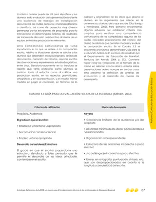 La rúbrica anterior puede ser útil para el profesor y sus
alumnos en la evaluación de la presentación oral ante
una audiencia de trabajos de investigación
documental, de análisis de textos y materiales literarios
o científicos, así como de proyectos muy diversos
generados por los estudiantes, de propuestas para la
intervención en determinados ámbitos, de resultados
de trabajos de discusión colaborativa al interior de un
equipo, entre otras producciones relevantes.
Otra competencia comunicativa de suma
importancia es la que se refiere a la composición
escrita, relativa a situaciones donde se solicita a los
alumnos que desarrollen ensayos originales, análisis de
documentos, narración de historias, reportes escritos
de observaciones y experimentos, estudios biográficos,
entre otros. Desafortunadamente en la literatura se
reporta que tanto profesores como alumnos se
centran, tanto al redactar como al calificar una
producción escrita, en los aspectos gramaticales,
ortográficos y en la presentación, y en mucho menor
medida en juzgar el contenido, en términos de la
calidad y originalidad de las ideas que plasma el
alumno, en los argumentos que ofrece, en la
coherencia y claridad de lo que escribe (Díaz Barriga
y Hernández, 2002). Pero asimismo encontramos
algunos esfuerzos por establecer criterios más
amplios para evaluar una competencia
comunicativa de tal complejidad, algunos de los
cuales proceden precisamente del campo del
diseño de rúbricas que permiten modelar y evaluar
la composición escrita. En el Cuadro 5.3 se
encuentra una rúbrica denominada Guía para la
evaluación holista de la escritura, desarrollada por
el Departamento de Educación de Frankfort,
Kentucky (en Arends, 2004, p. 273). Conviene
hacer notar las variaciones en el formato de la
misma en relación con la rúbrica anterior sobre
presentaciones orales, aunque en ambos casos
está presente la definición de criterios de
evaluación y el desarrollo de niveles de
desempeño.
CUADRO 5.3 GUÍA PARA LA EVALUACIÓN HOLISTA DE LA ESCRITURA (ARENDS, 2004).
Criterios de calificación Niveles de desempeño
Propósito/Audiencia
• Establece y mantiene un propósito
• Se comunica con la audiencia
• Emplea un tono apropiado
El grado en que el escritor proporciona una
estructura detallada y bien pensada que le
permite el desarrollo de las ideas principales
contenidas en el escrito.
El grado en que el escritor:
Desarrollo de las ideas/Estructura
Novato
• Conciencia limitada de la audiencia y/o del
propósito
• Desarrollo mínimo de las ideas; pocos detalles o
no relacionados
• Organización azarosa o endeble
• Estructura de las oraciones incorrecta o poco
efectiva
• Uso del lenguaje incorrecto o poco efectivo
• Errores en ortografía, puntuación, sintaxis, etc.
que son desproporcionados en cuanto a la
longitud y complejidad del escrito.
ReformaCurriculardeEducaciónBásica
Antología. Referentes de la RIEB, un marco para el fortalecimiento técnico de los profesionales de Educación Especial 87
 