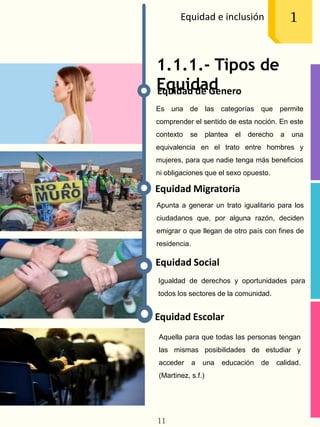 1.1.1.- Tipos de
Equidad
Equidad e inclusión 1
Es una de las categorías que permite
comprender el sentido de esta noción. En este
contexto se plantea el derecho a una
equivalencia en el trato entre hombres y
mujeres, para que nadie tenga más beneficios
ni obligaciones que el sexo opuesto.
Equidad de Genero
Equidad Migratoria
Apunta a generar un trato igualitario para los
ciudadanos que, por alguna razón, deciden
emigrar o que llegan de otro país con fines de
residencia.
Equidad Social
Equidad Escolar
Igualdad de derechos y oportunidades para
todos los sectores de la comunidad.
Aquella para que todas las personas tengan
las mismas posibilidades de estudiar y
acceder a una educación de calidad.
(Martinez, s.f.)
11
 