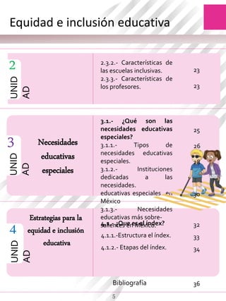 3
UNID
AD
Necesidades
educativas
especiales
3.1.- ¿Qué son las
necesidades educativas
especiales?
3.1.1.- Tipos de
necesidades educativas
especiales.
3.1.2.- Instituciones
dedicadas a las
necesidades.
educativas especiales en
México
3.1.3.- Necesidades
educativas más sobre-
salientes en México.
UNID
AD
4
UNID
AD
2
Estrategias para la
equidad e inclusión
educativa
4.1.- ¿Que es el índex?
4.1.1.-Estructura el índex.
4.1.2.- Etapas del índex.
Equidad e inclusión educativa
2.3.2.- Características de
las escuelas inclusivas.
2.3.3.- Características de
los profesores.
5
23
23
25
26
28
30
32
33
34
Bibliografía 36
 